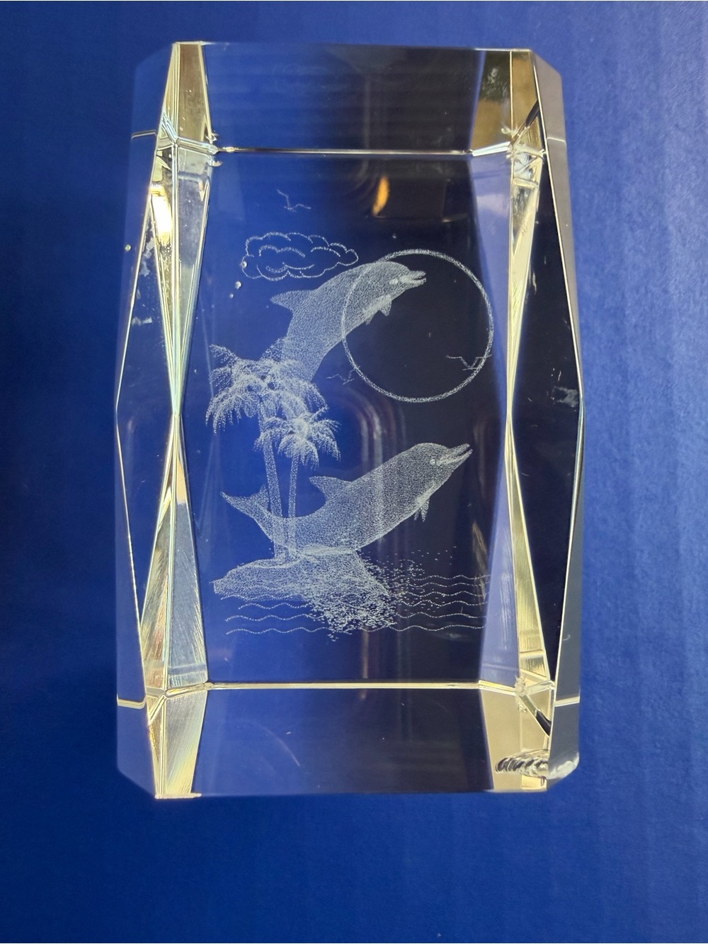 3D Laser Etched Glass Crystal Cube DOLPHINS Fish Palm Trees Paperweight READ